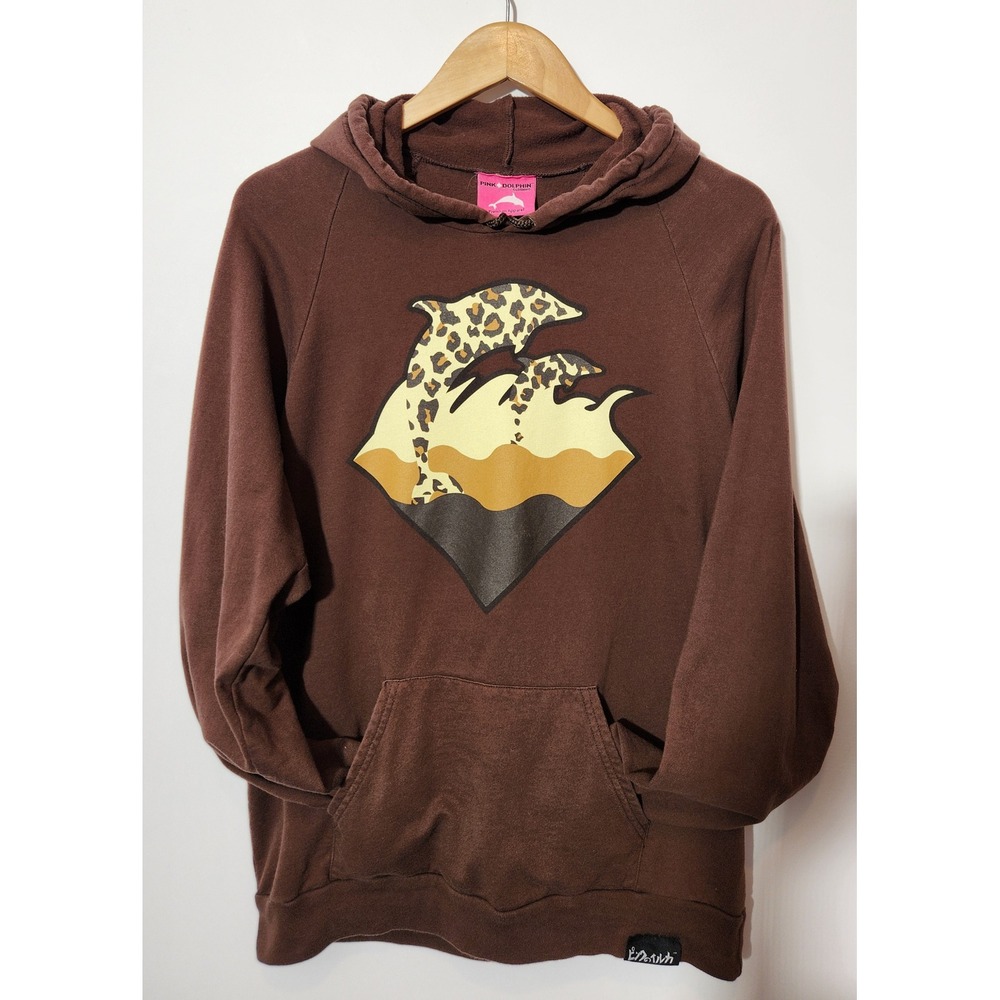 Pink Dolphin Brown Leopard Print Wave Graphic Hoodie Y2K Streetwear Brown L